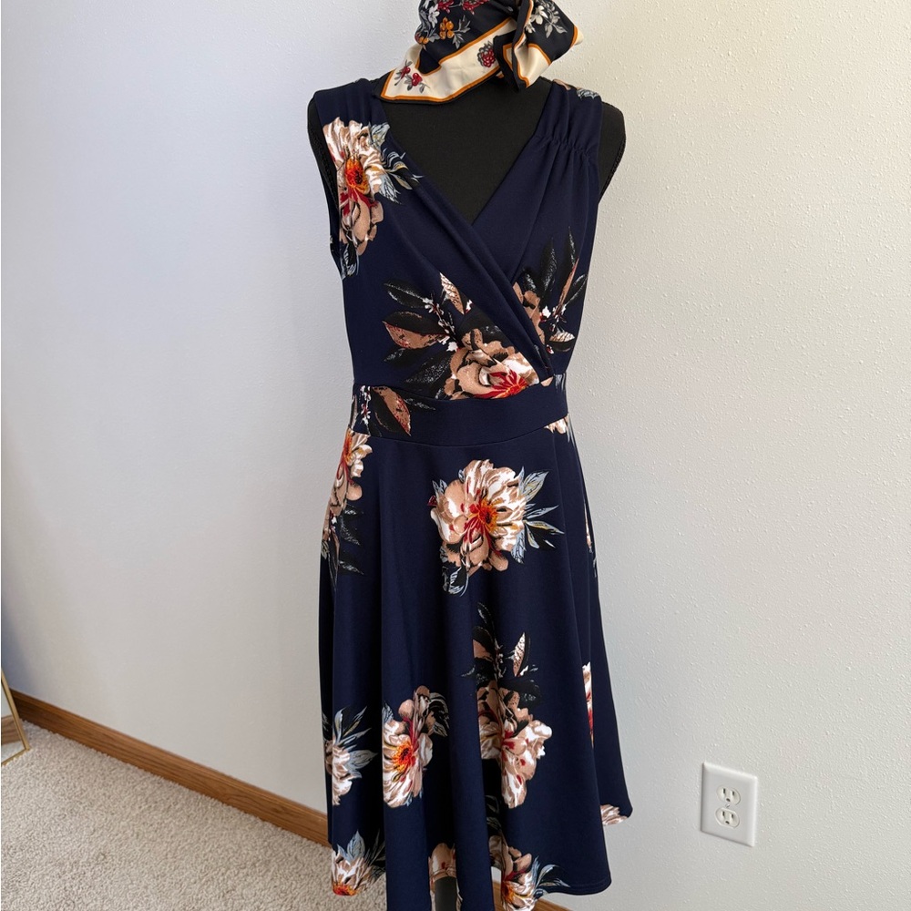 Navy Floral Wrap Dress Medium Sleeveless Fit & Flare Wedding Guest